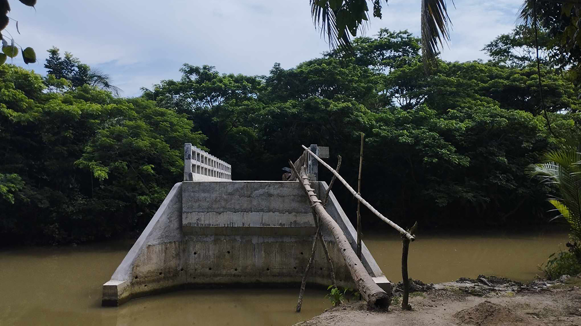 No approach roads; Barguna villagers climb wooden ladders to cross bridge