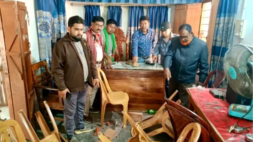 Last night, unidentified attackers vandalised the Maheshpur office of the Jhenaidah Press Club. Photo: Collected