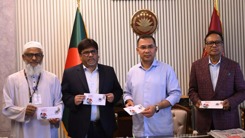 Prime Minister Tarique Rahman unveils a commemorative postage stamp marking the Independence and National Day. Photo: PM Office/PID