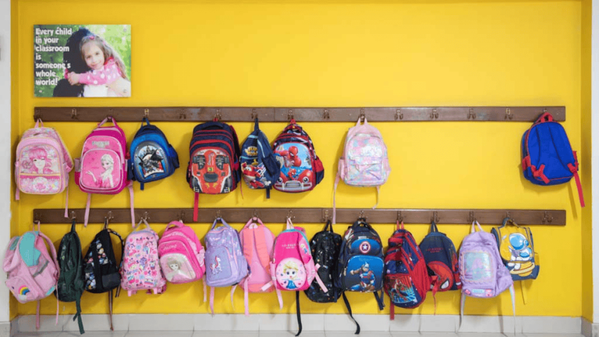 Two rows of schoolbags 