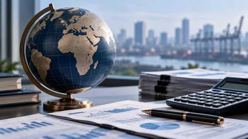 Global Finance Desk with Globe and Charts.png