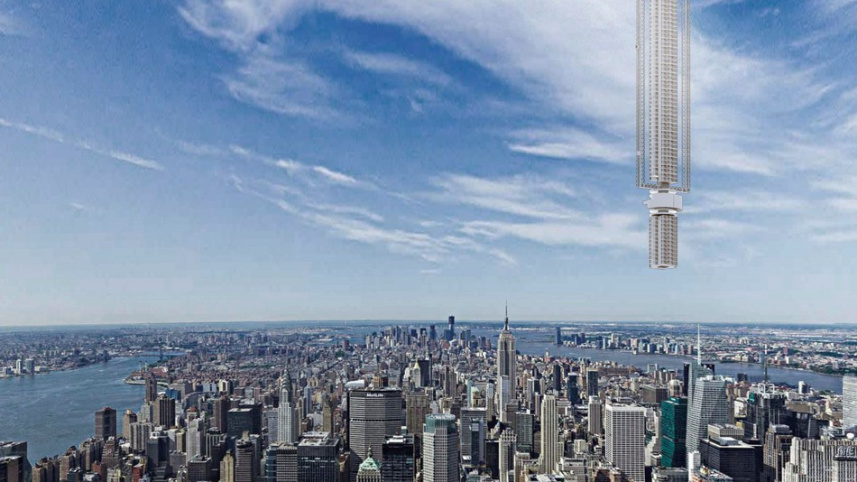 skyscraper hanging from asteroid