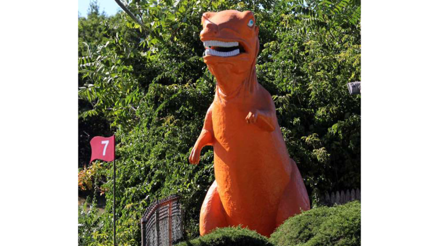 giant orange dinosaur, Massachusetts, mini golf course, off- beat