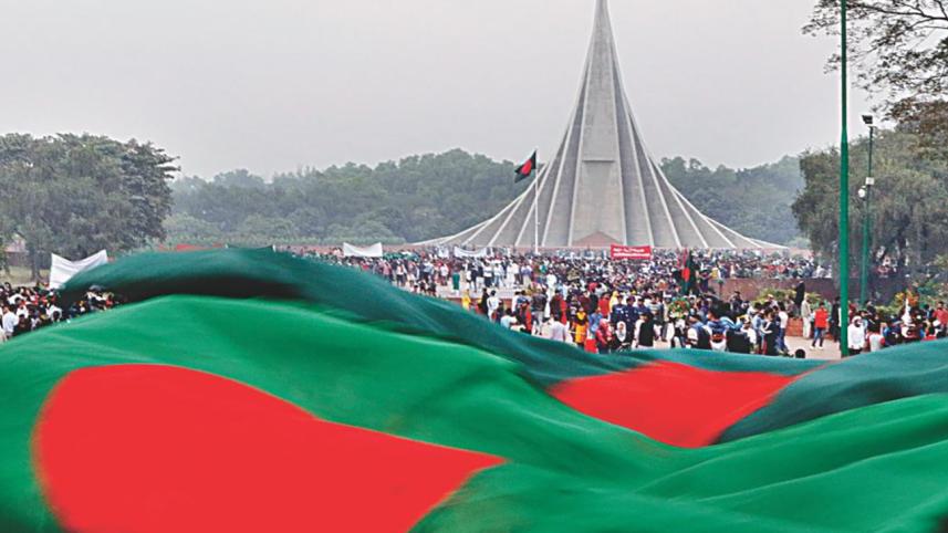 The waves of red-green adorn the National Martyrs' Memorial in Savar
