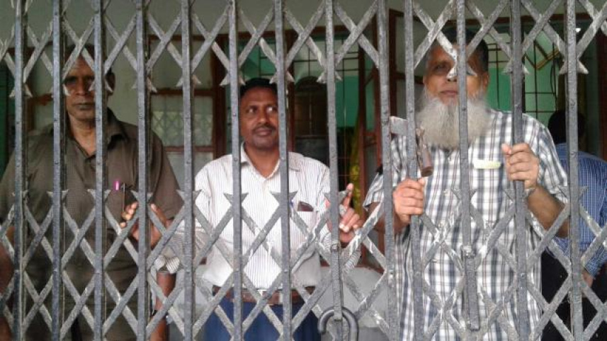 Students of Patharghata Degree College in Barguna today vandalise school property