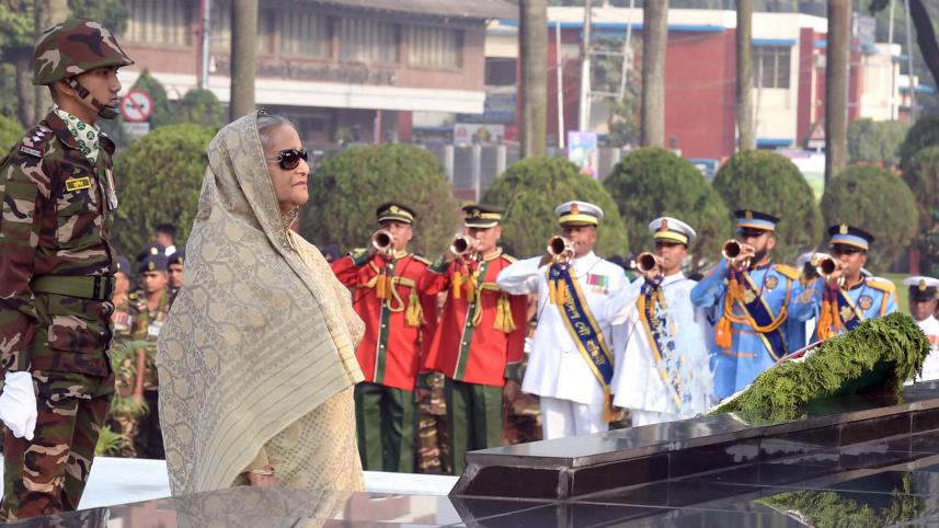 Prime Minister Sheikh Hasina places flower wreath at Shikha Anirban