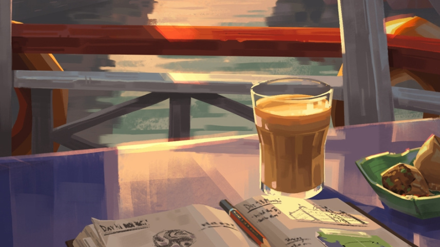 The picture shows a pencil from a popular Indian brand, a cup of tea and a plate of Samosa, a popular snack in India and Bangladesh. 