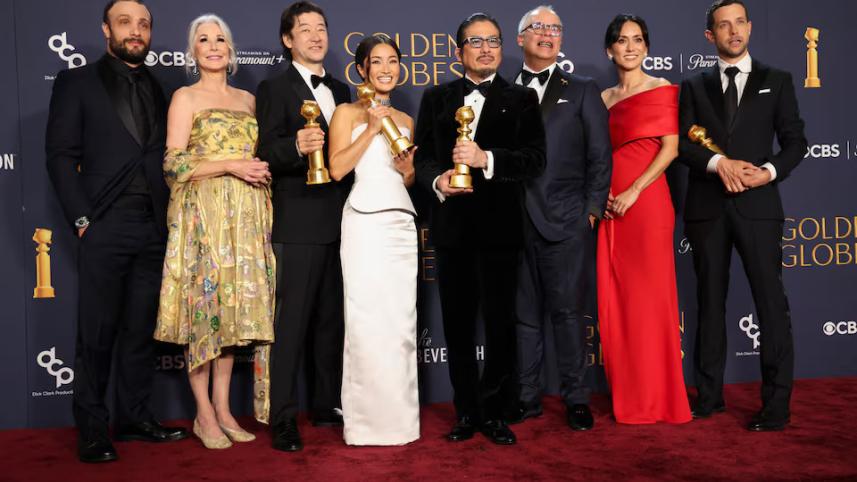 Cosmo Jarvis, Michaela Clavell, Tadanobu Asano, Anna Sawai, Hiroyuki Sanada, Rachel Kondo and Justin Marks, winners of the Best Television Series - Drama Award for "Shogun," pose at the 82nd Golden Globe Awards in Beverly Hillsjpg