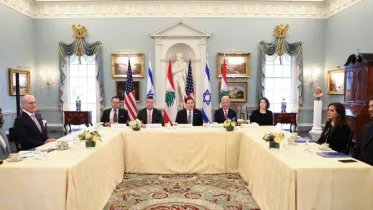 US Secretary of State Marco Rubio meets with Israeli Ambassador to the US Yechiel Leiter and Lebanese Ambassador to the US Nada Hamadeh Moawad. Photo: Reuters