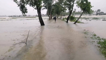 Flash floods inundated several villages in Moulvibazar. Photo: Star