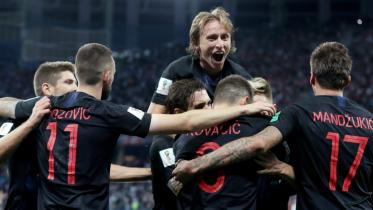 Croatia celebrate Rakitic goal.JPG
