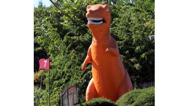 giant orange dinosaur, Massachusetts, mini golf course, off- beat