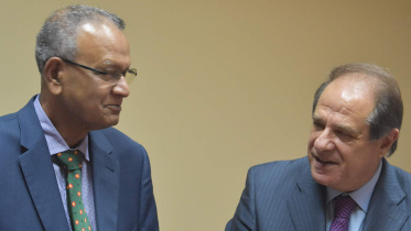 Expatriates' Welfare Minister Nurul Islam and Lebanese Labour Minister Sejaan Azzi  after a bilateral meetign in Lebanon.JPG