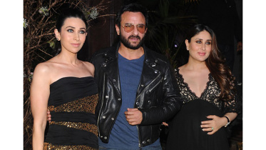 Indian Bollywood actors Karishma Kapoor (L), Saif Ali Khan (C) and Kareena Kapoor Khan