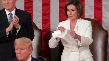 Speaker of the House Nancy Pelosi rips up the speech of US President Donald Trump