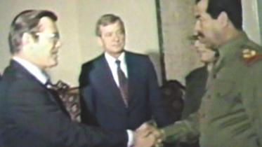 Iraqi president Saddam Hussein greets Donald Rumsfeld