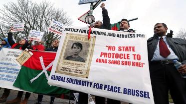 People demonstrate against Myanmar's leader Aung San Suu Kyi 