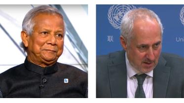 Prof Muhammad Yunus, left, and Stéphane Dujarric