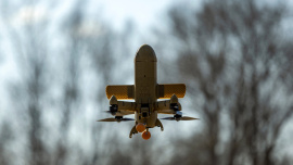 A Sting interceptor drone by the Ukrainian company Wild Hornets flies at an undisclosed location in Ukraine, March 16, 2026. Photo: Reuters
