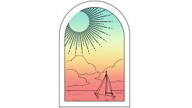 Large body of water imposed over a colourful gradient seen through a window. 