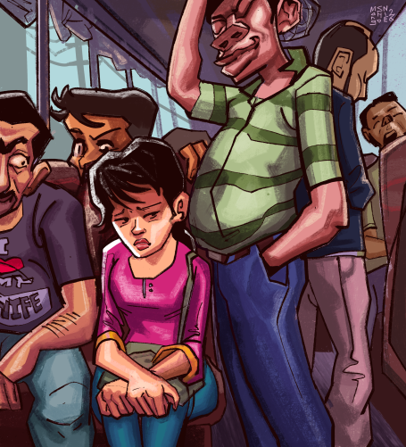 Woman commuter shrinks to her seat as men around her make her uncomfortable.  